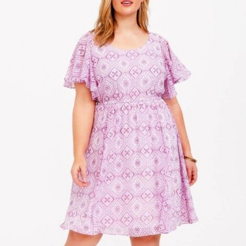 Torrid Purple Pink Geometric Flutter Sleeve Knee Length Chiffon Dress 0X Large